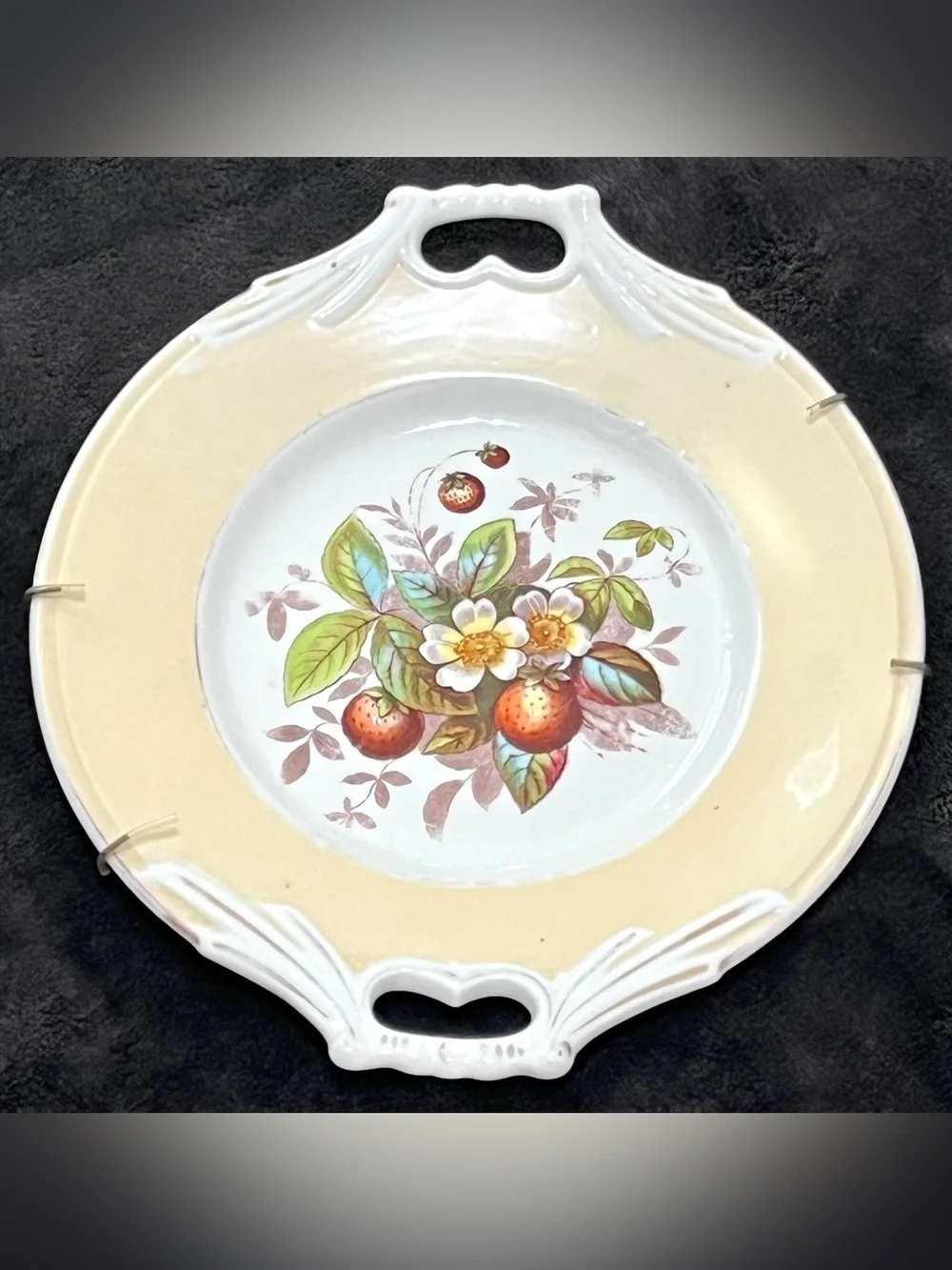 Antique 1890-1915 Double Handled Cake Plate Strawberry Motif Yellow Border